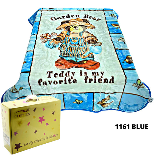 Poptex Two-Ply Baby Blanket – Garden Bear (Blue, Style 1161)