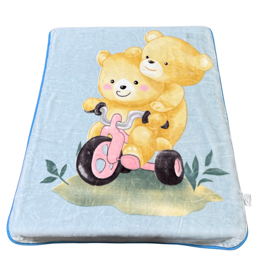 Poptex Baby Blanket – Teddy Bears on Tricycle (Blue, Style NB226)